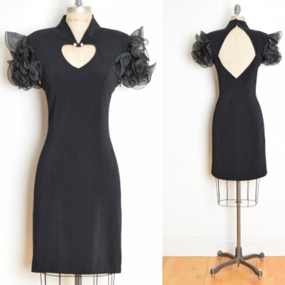 vintage 80s party dress black heart cutout backless party short prom ruffle M - Picture 1 of 11